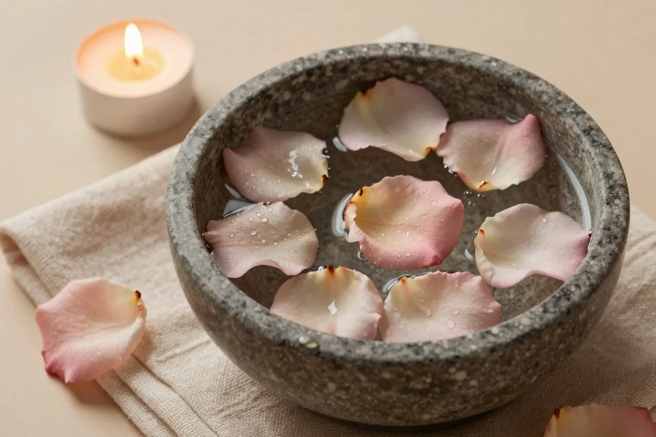 Coupelle de pierre avec pétales de rose et eau
